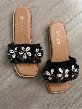 Chico's Black Raffia Slide Sandals with Shell Flower Accents